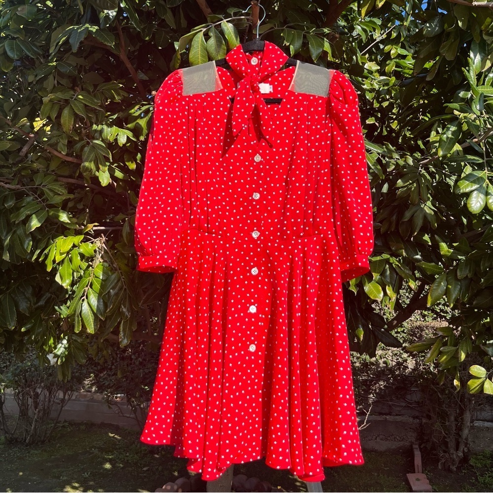 QUANTA DU SOLEIL red‎ silk floral contrast sheer short puff sleeve mini dress